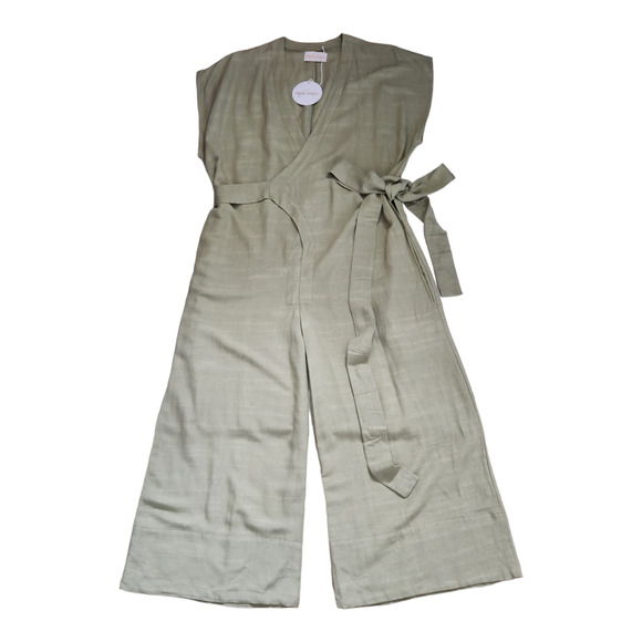 Myrah Penaloza Pants - Myrah Penaloza Sage Green Linen Blend Wrap Sleeveless Jumpsuit Womens One Size